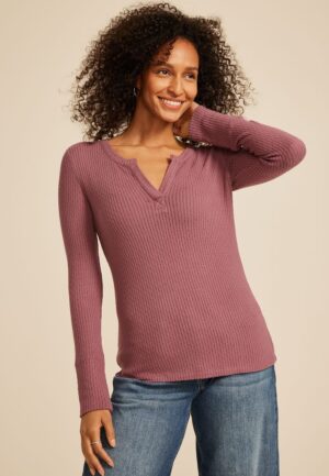 Pointelle Notch Neck Ribbed Long Sleeve Tee