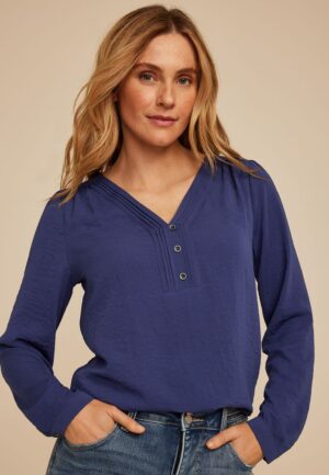 Pleated V Neck Button Front Blouse