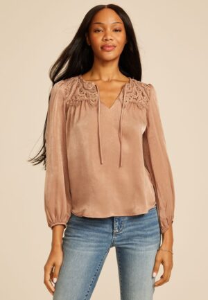 Lace Yoke Satin Peasant Blouse