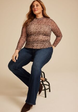 Plus Size Animal Mesh Mock Neck Blouse