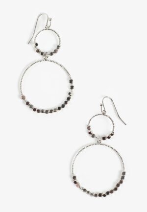 Silver Beaded Double Hoop Drop Earrings