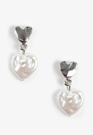 Sliver Hammered Heart And Faux Pearl Drop Earrings
